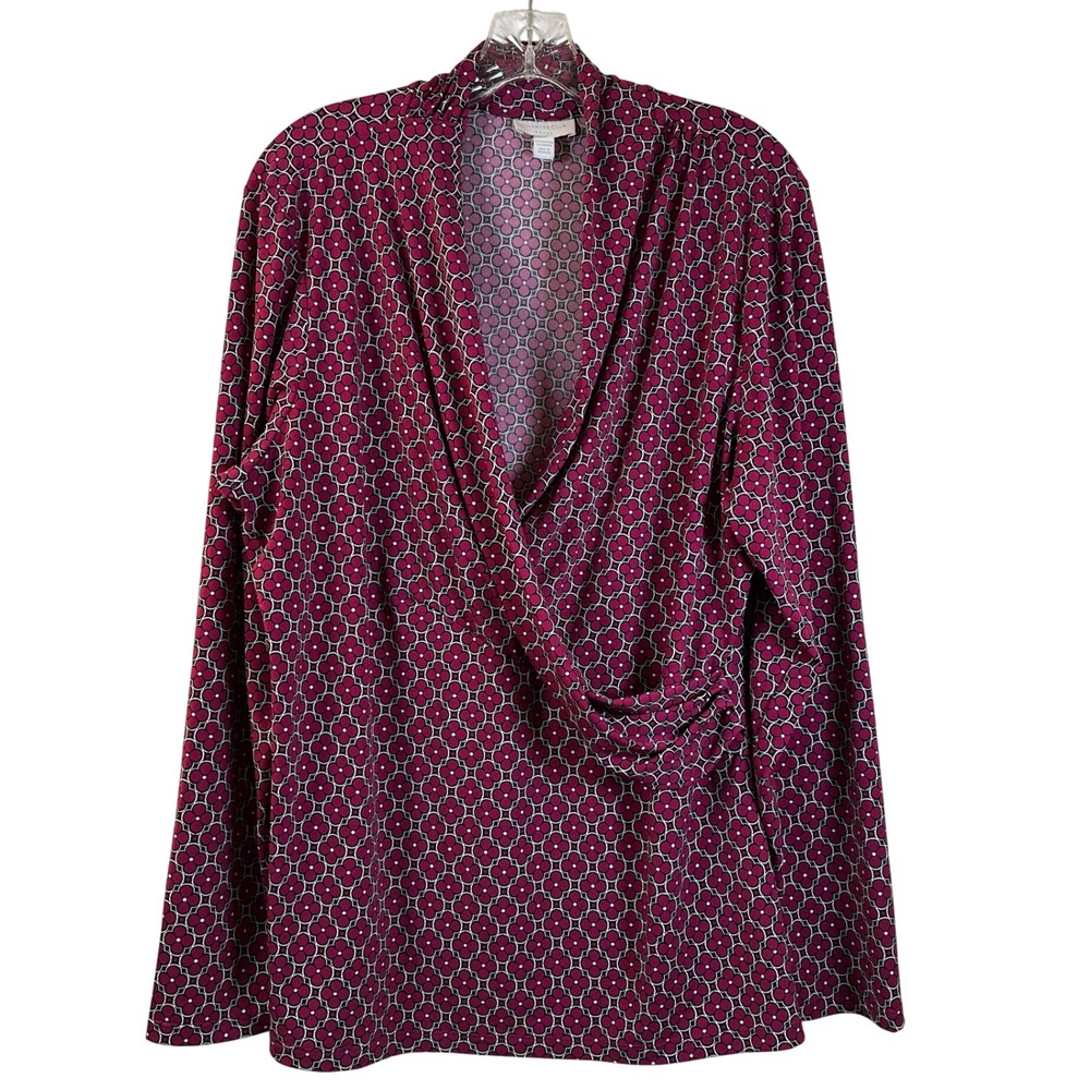 Charter Club Woman Magenta Floral Faux Wrap Long Sleeve Ruched Top 2X